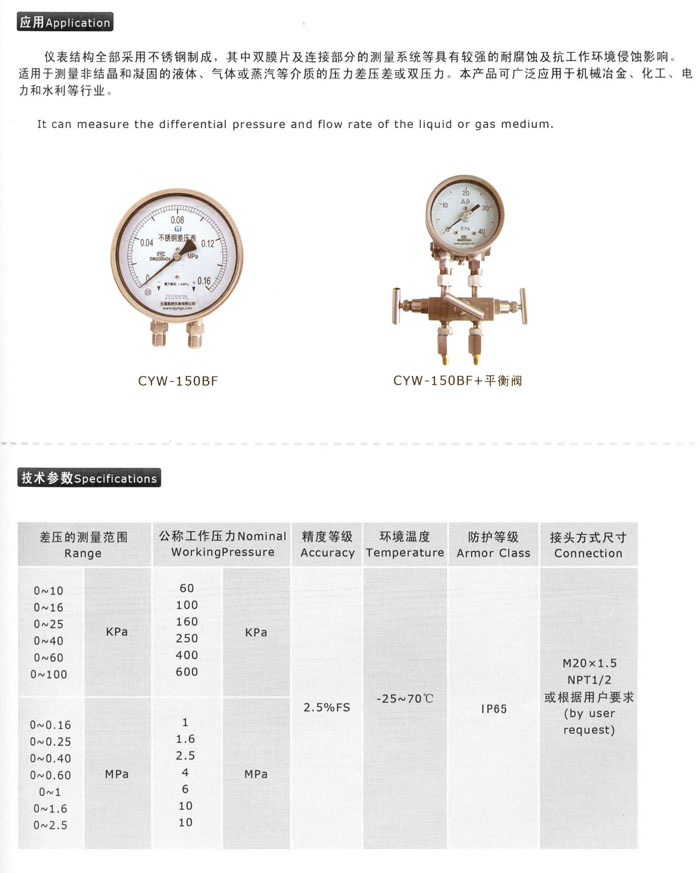 CYW不锈钢压力表（差压）